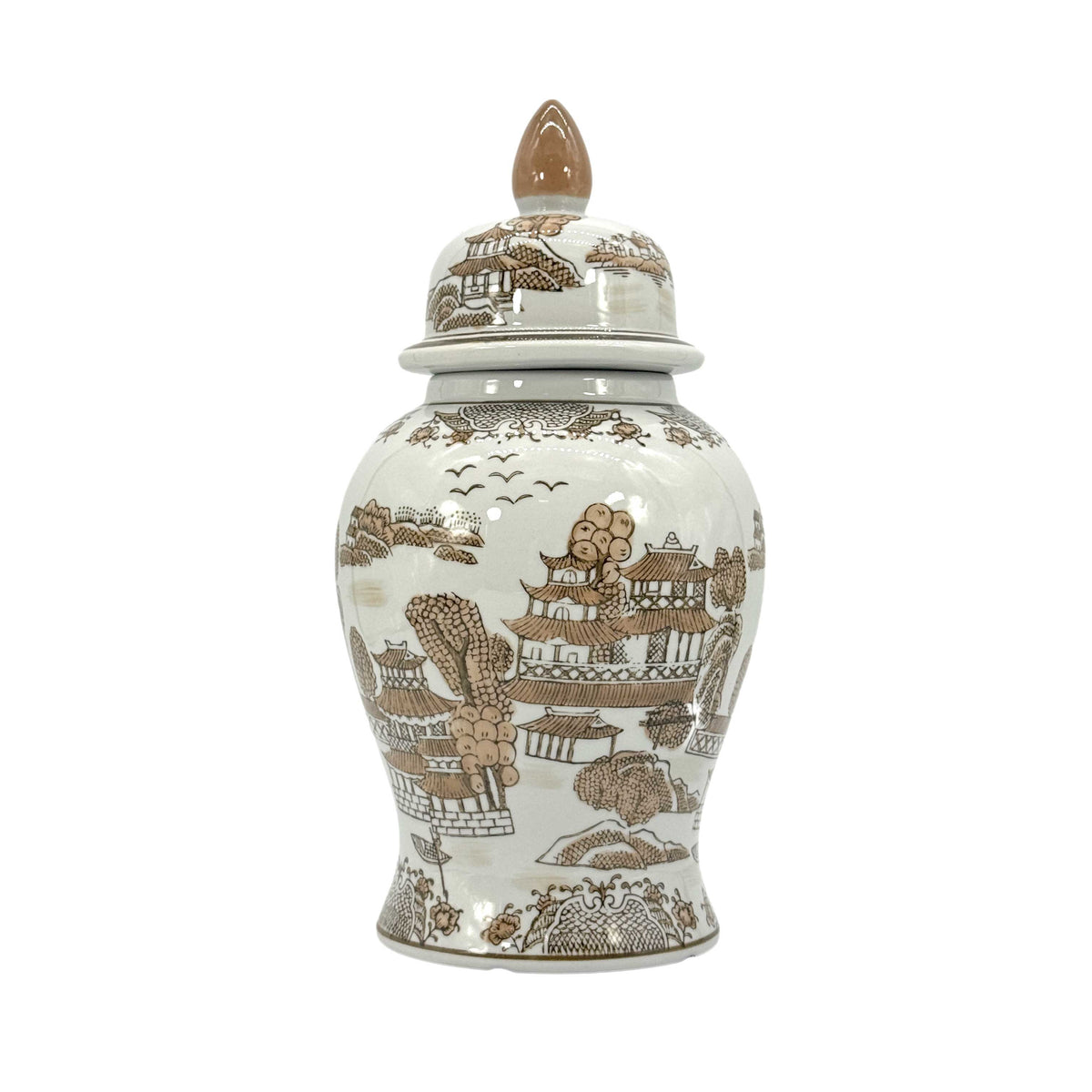 Brown & White Landscape Chinoiserie Ginger Jar 14"