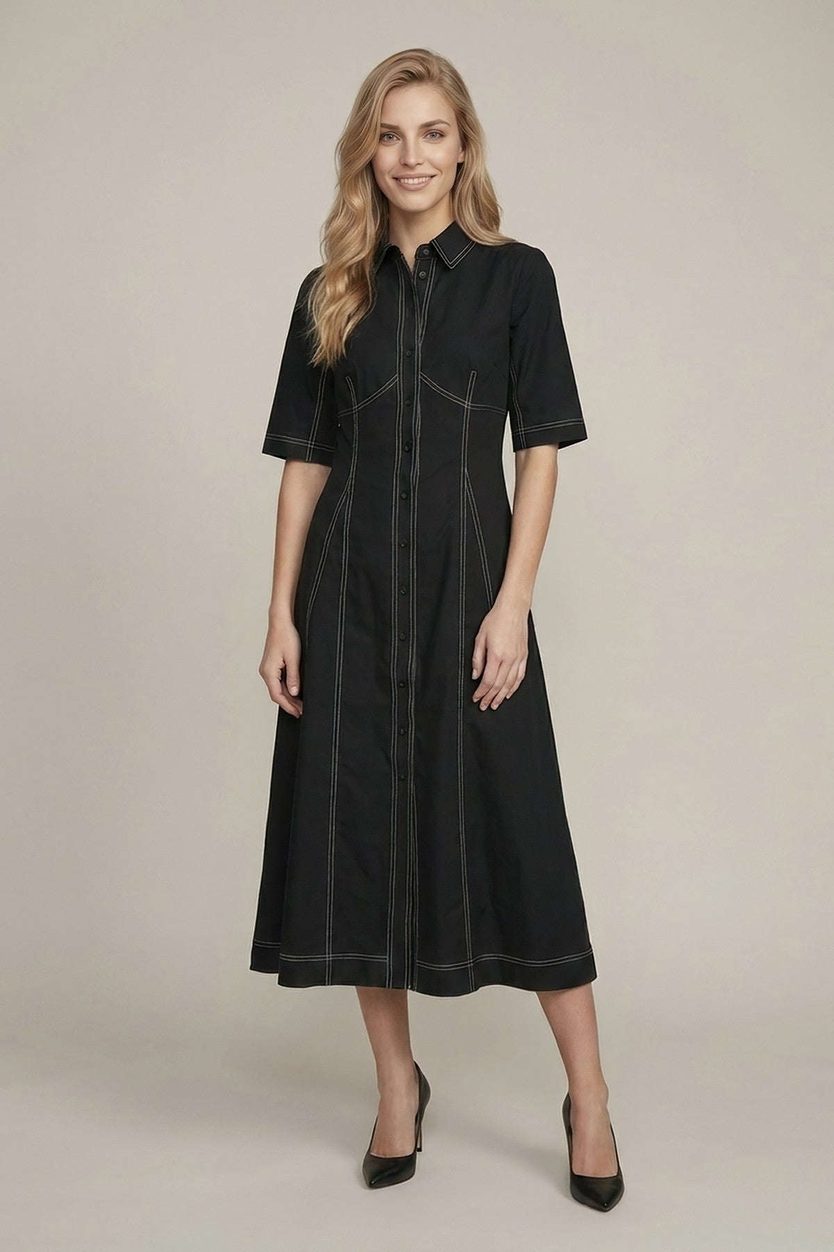 Black Contrast Stitch Midi Dress