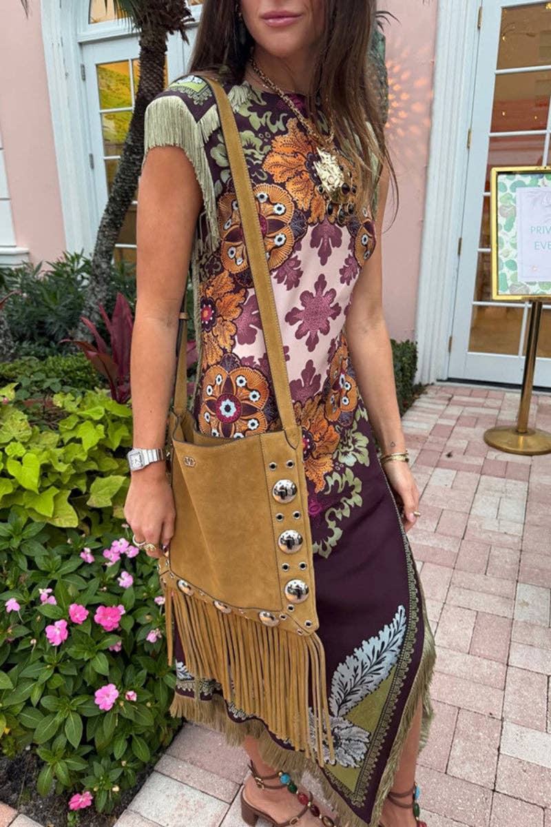 Fringe-Trim Floral Shift Dress