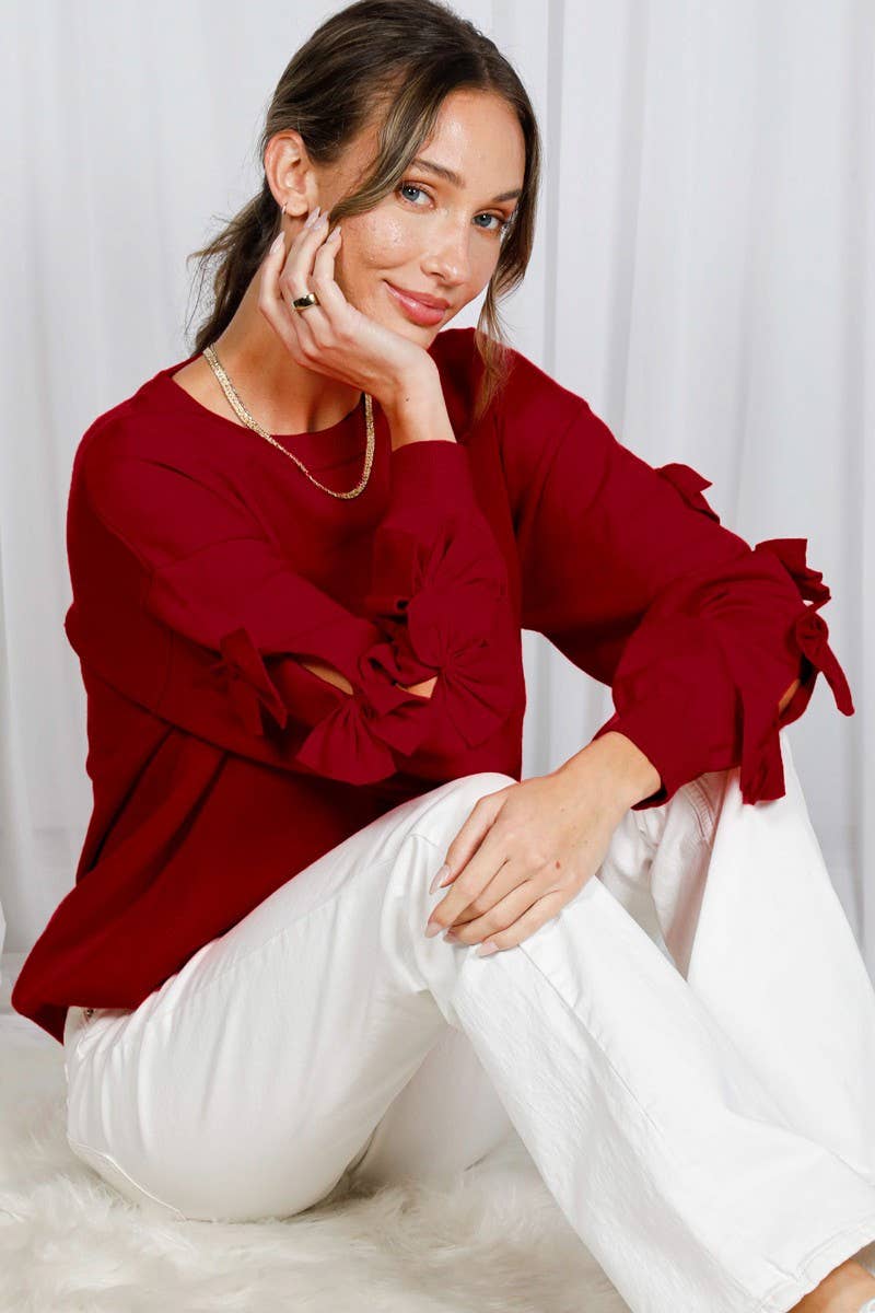 Bow Embellished Long-Sleeve Knit Sweater