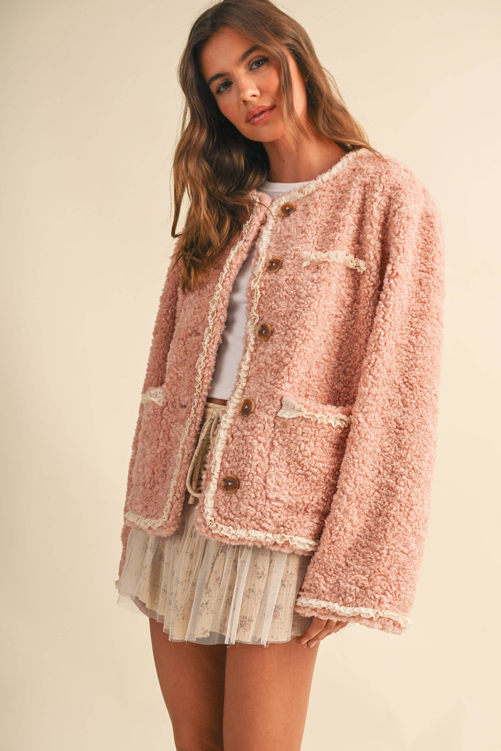 SHERPA JACKET WITH LACE TRIM