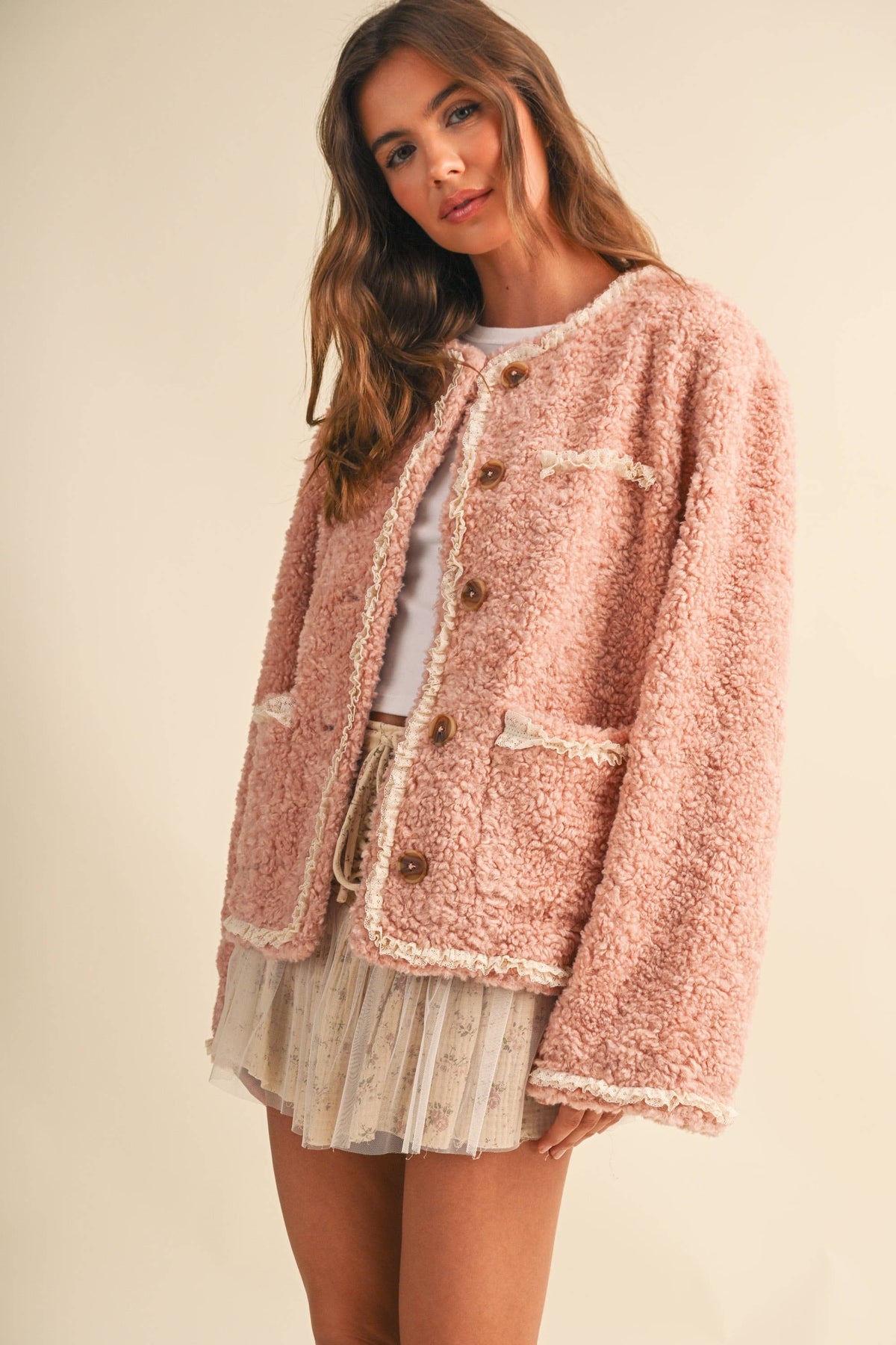 SHERPA JACKET WITH LACE TRIM
