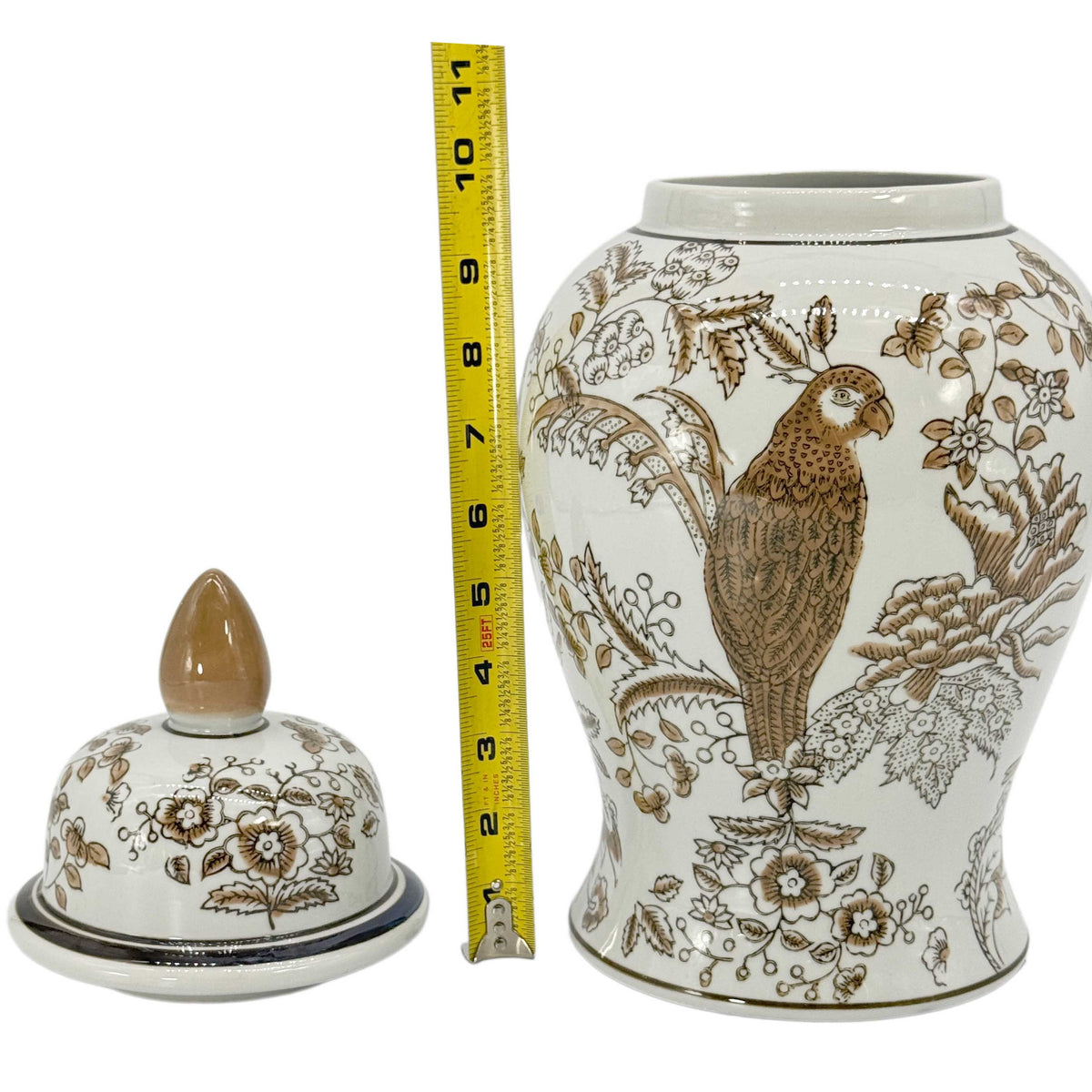 Brown & White Parrot Chinoiserie Ginger Jar 14"