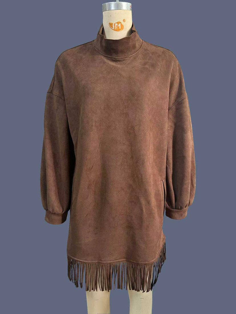 High Neck Loose Fit Fringed Suede Dress with Pockets