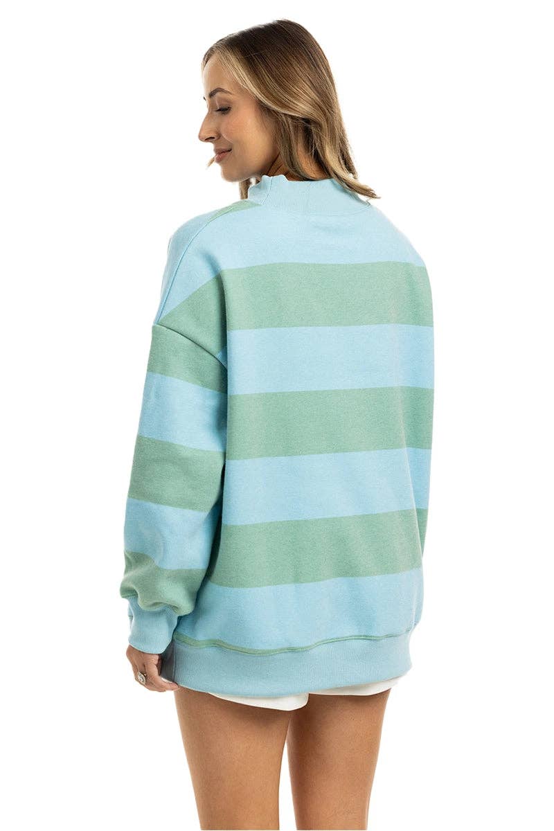 Aqua and Green Striped Mockneck Sweatshirt Women
