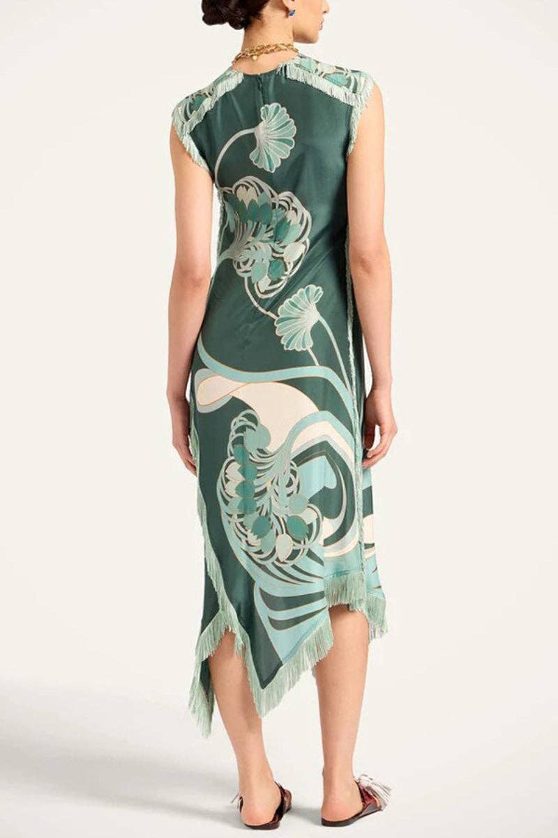 Fringe-Trim Floral Shift Dress