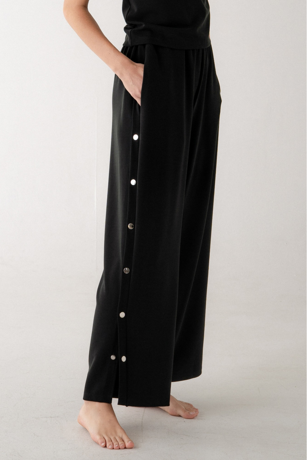 Black Pullover and Snap Side Wide Leg Pants Set