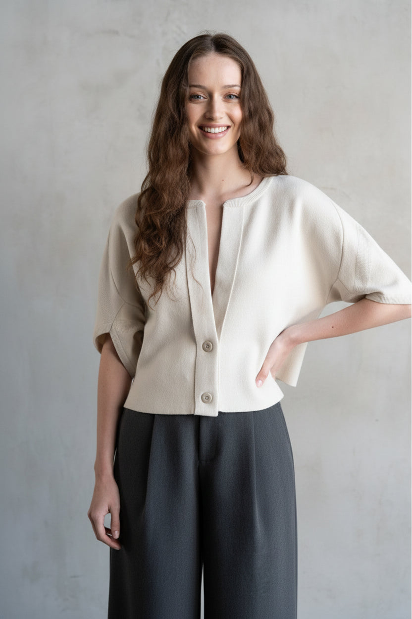 Ivory Short Sleeve Knit Cardigan