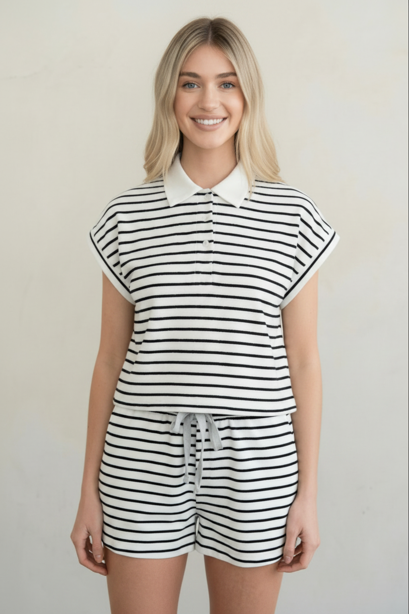 Ivory & Navy Stripe Polo Top