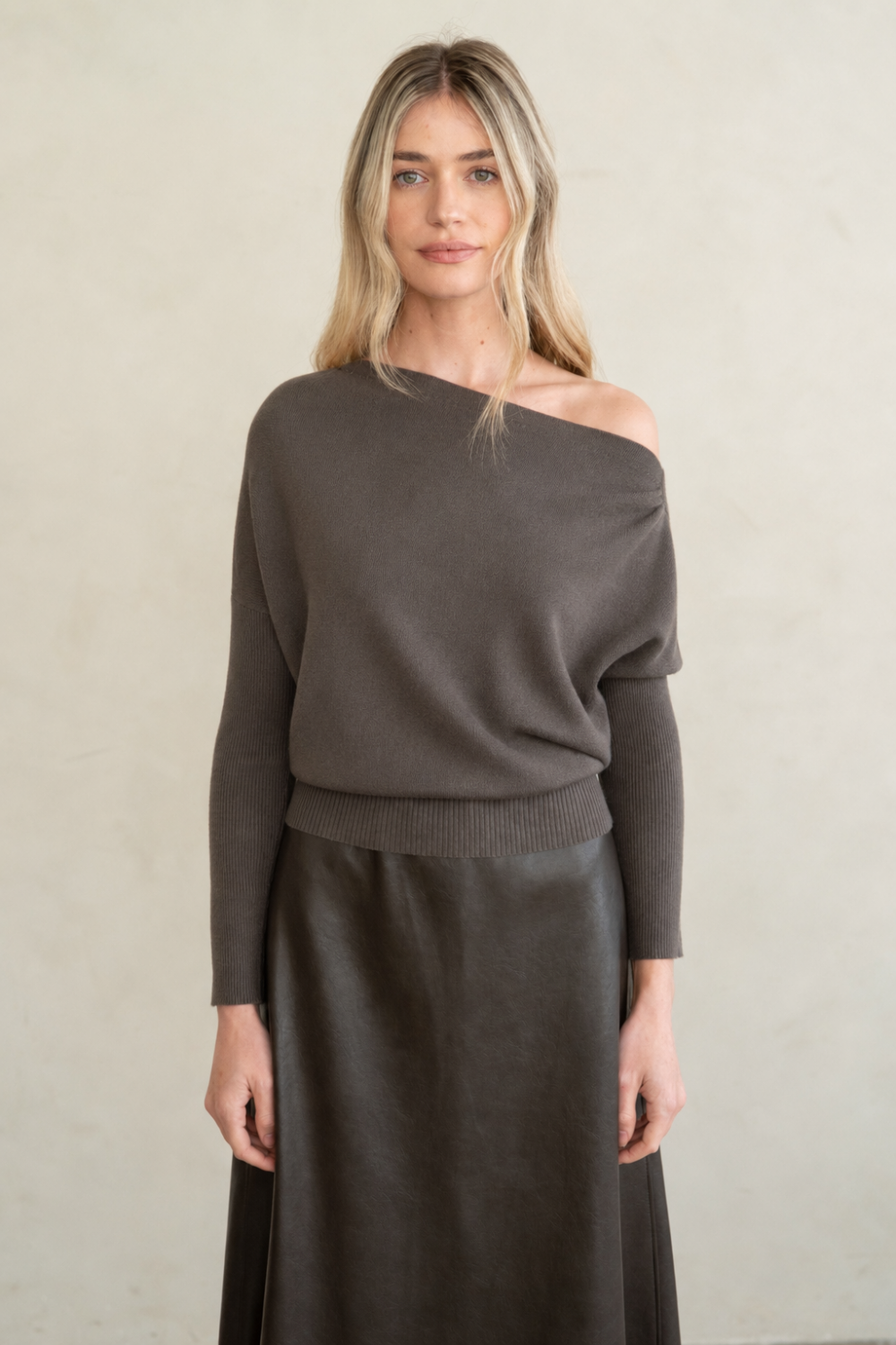 Mocha Off-the-Shoulder Knit Sweater