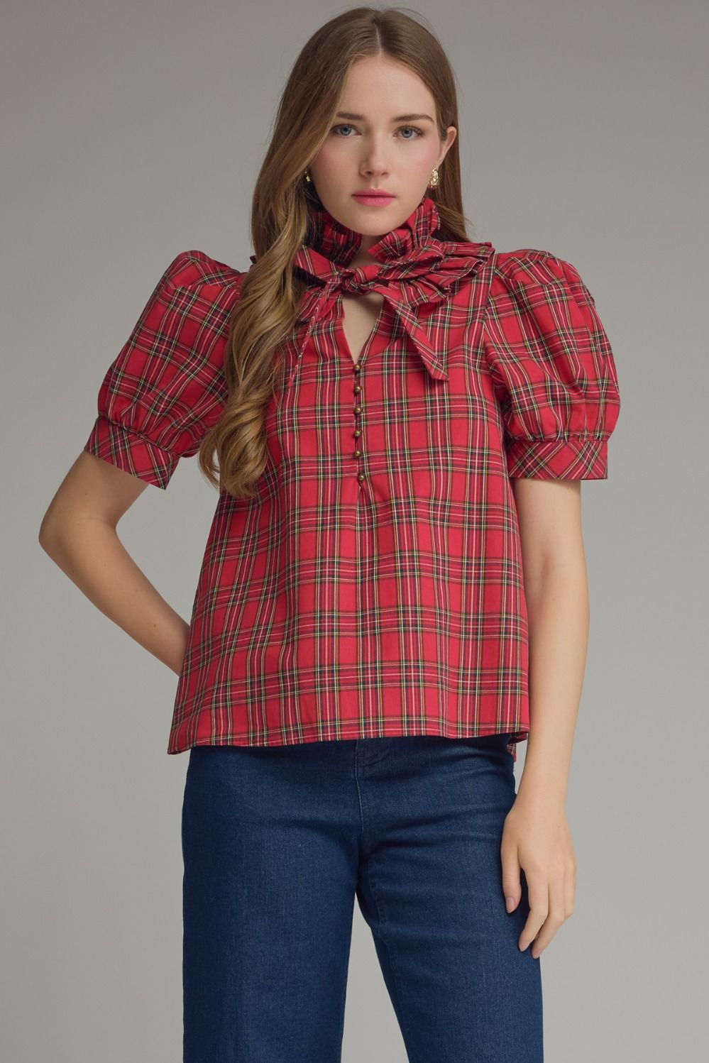 Crimson Plaid Bow Blouse