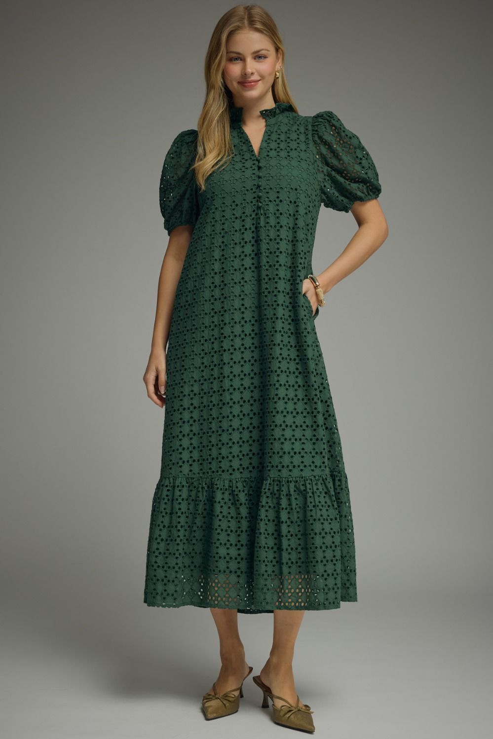 Evergreen Puff Sleeve Midi Dress