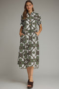 Olive Botanical Print Midi Dress