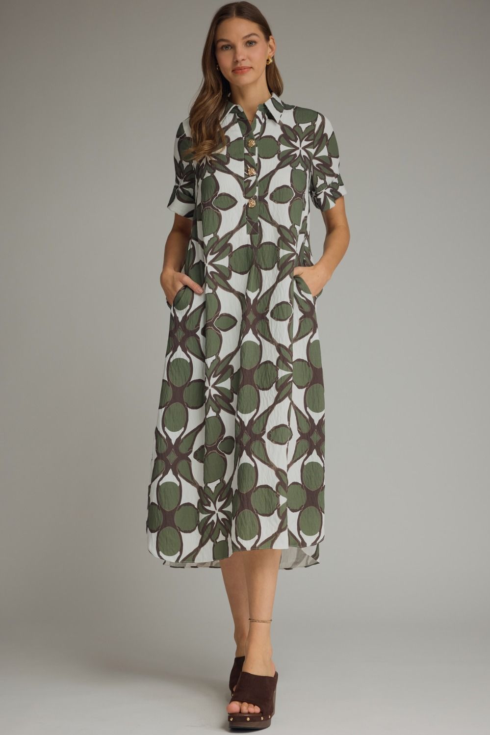 Olive Botanical Print Midi Dress