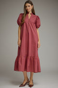 Berry Stripe Puff Sleeve Midi Dress