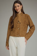 Brown Faux Suede Tie Neck Jacket
