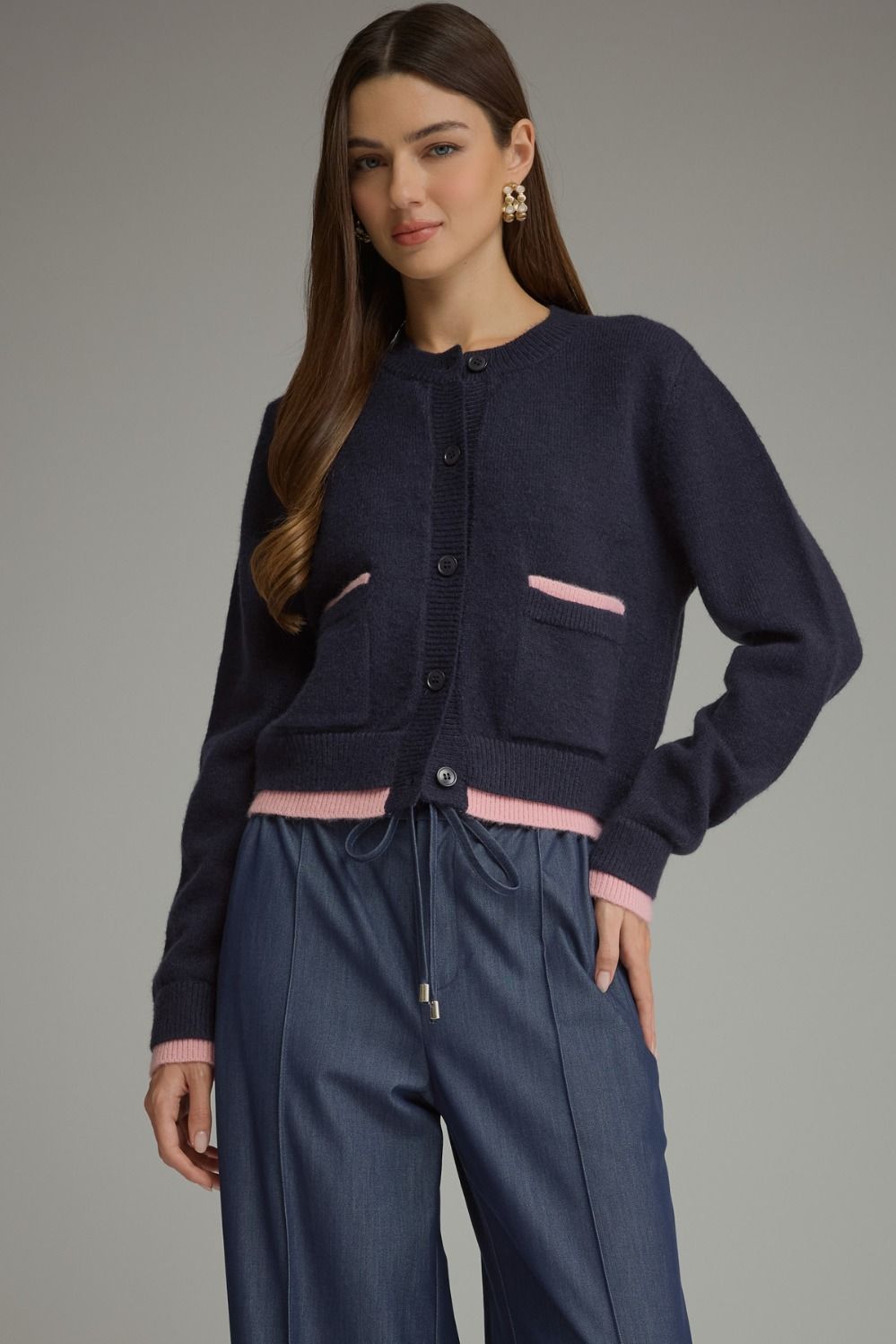 Navy & Blush Trim Button-Up Cardigan