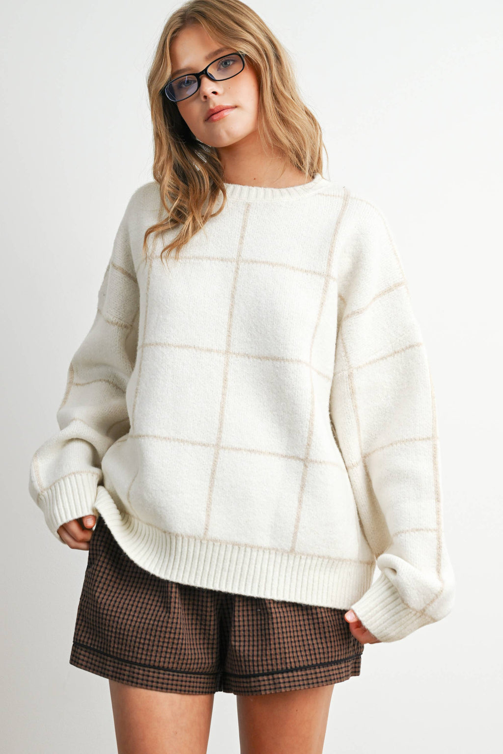 Checkered Crew Neck Knit Sweater - BMW8077