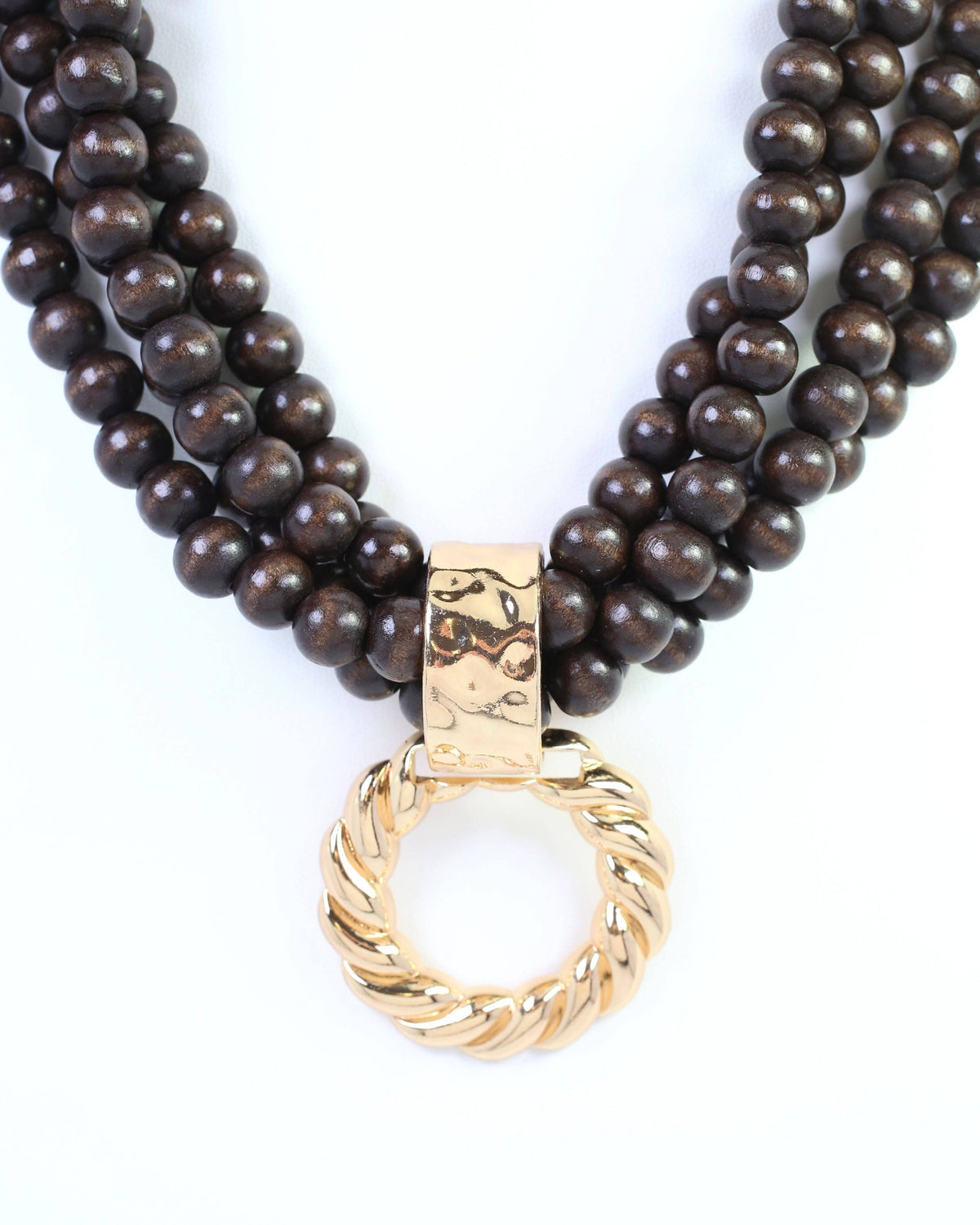 Margaux Wooden Bead Layered Necklace with Pendant Dark Brown
