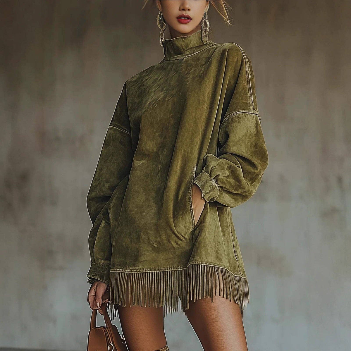 High Neck Loose Fit Fringed Suede Dress with Pockets