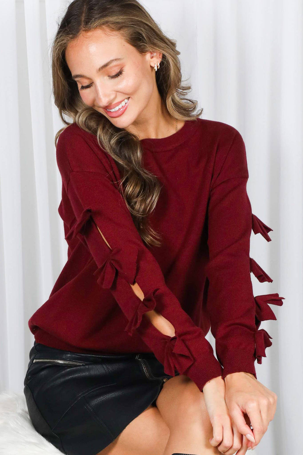 Bow Embellished Long-Sleeve Knit Sweater