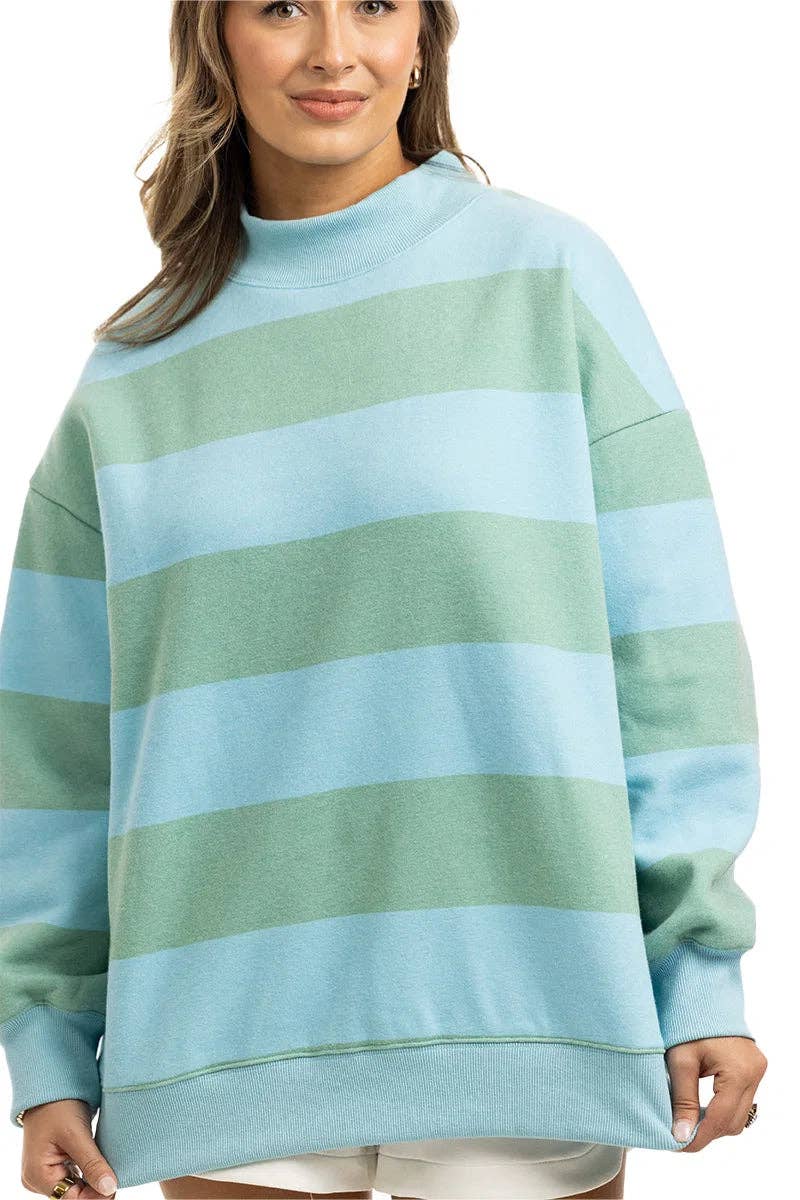 Aqua and Green Striped Mockneck Sweatshirt Women