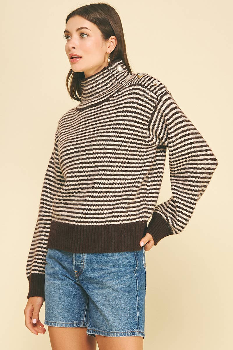 STRIPED BUTTON DETAILED MOCK NECK SWEATER