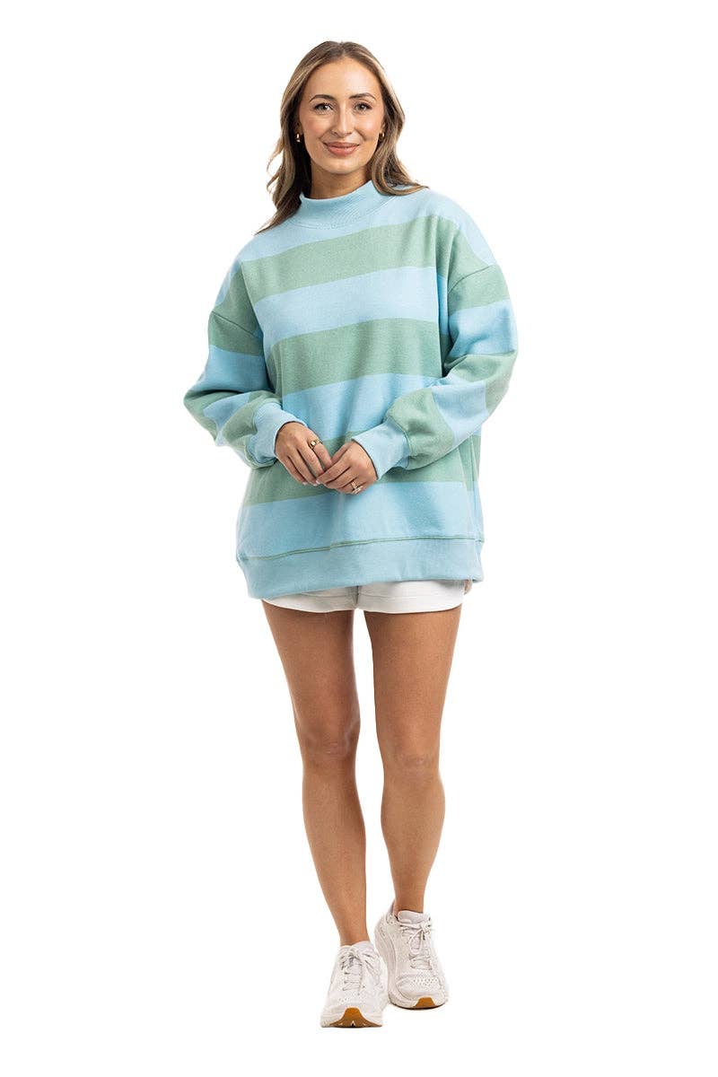 Aqua and Green Striped Mockneck Sweatshirt Women