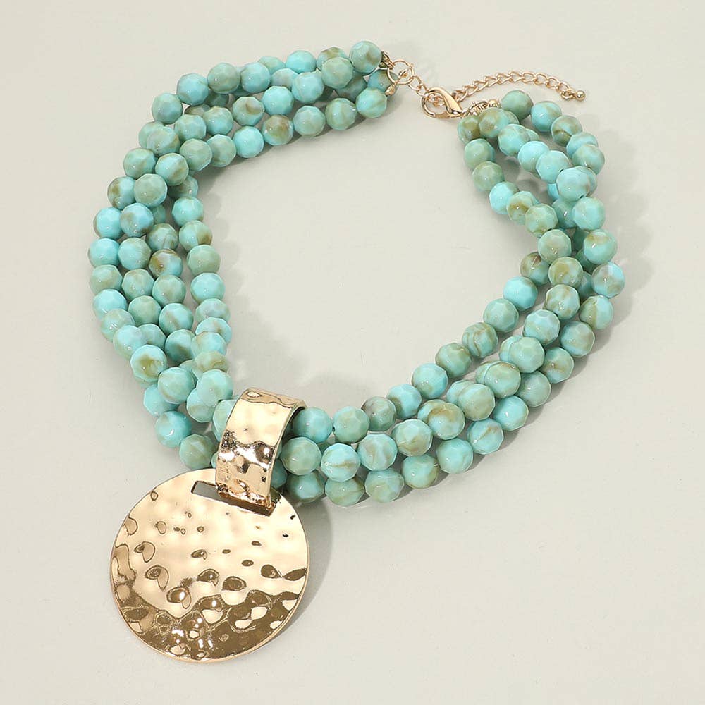 Bold Hammered Metal Disc Accent Chunky Beaded Multi Strand Statement Necklace
