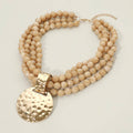 Bold Hammered Metal Disc Accent Chunky Beaded Multi Strand Statement Necklace