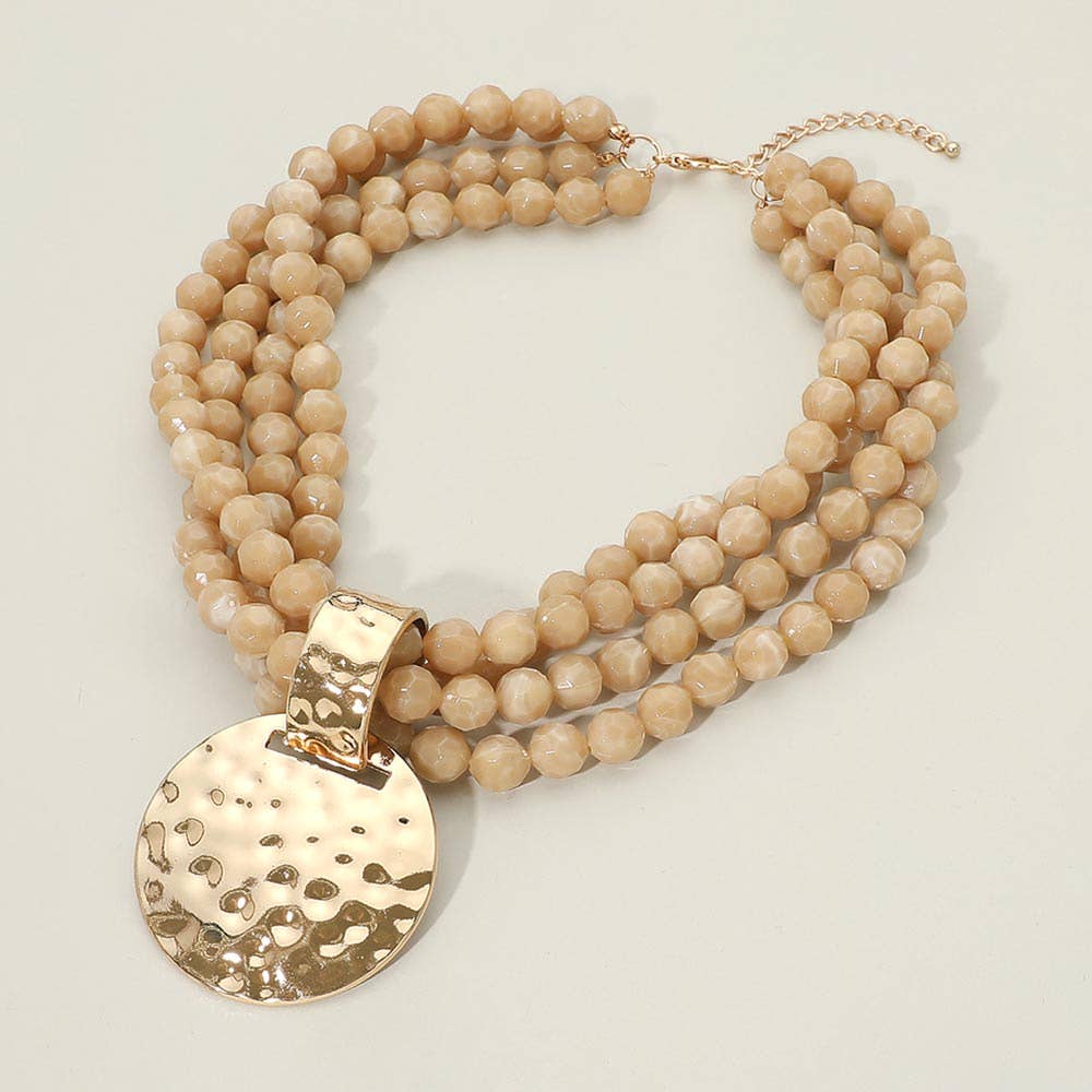 Bold Hammered Metal Disc Accent Chunky Beaded Multi Strand Statement Necklace