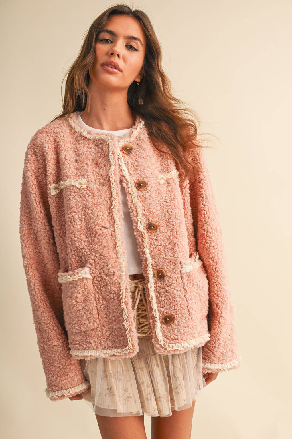 SHERPA JACKET WITH LACE TRIM