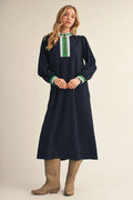Navy & Green Trim Midi Dress