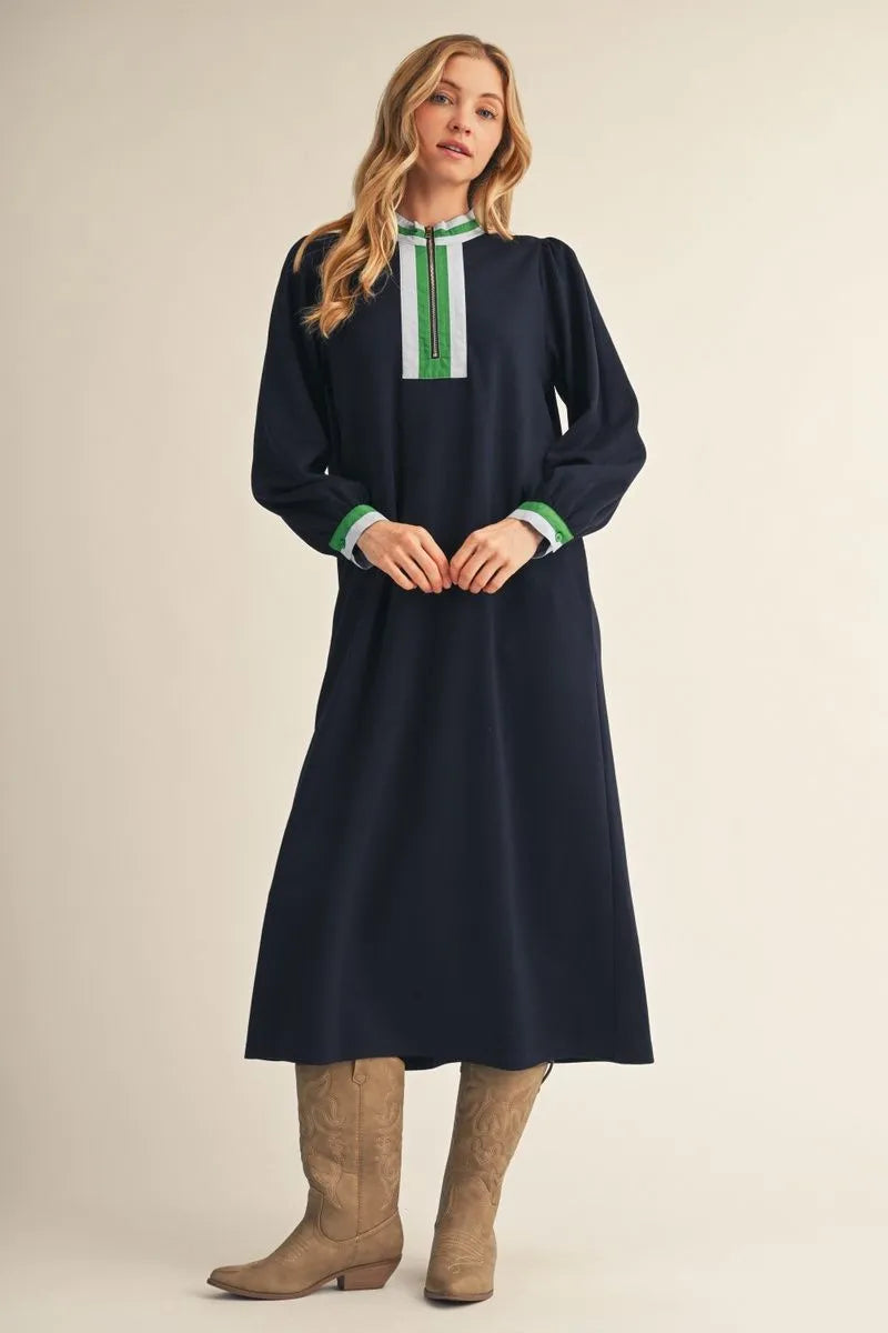 Navy & Green Trim Midi Dress