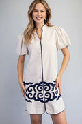 Sand & Navy Embroidered Puff Sleeve Dress