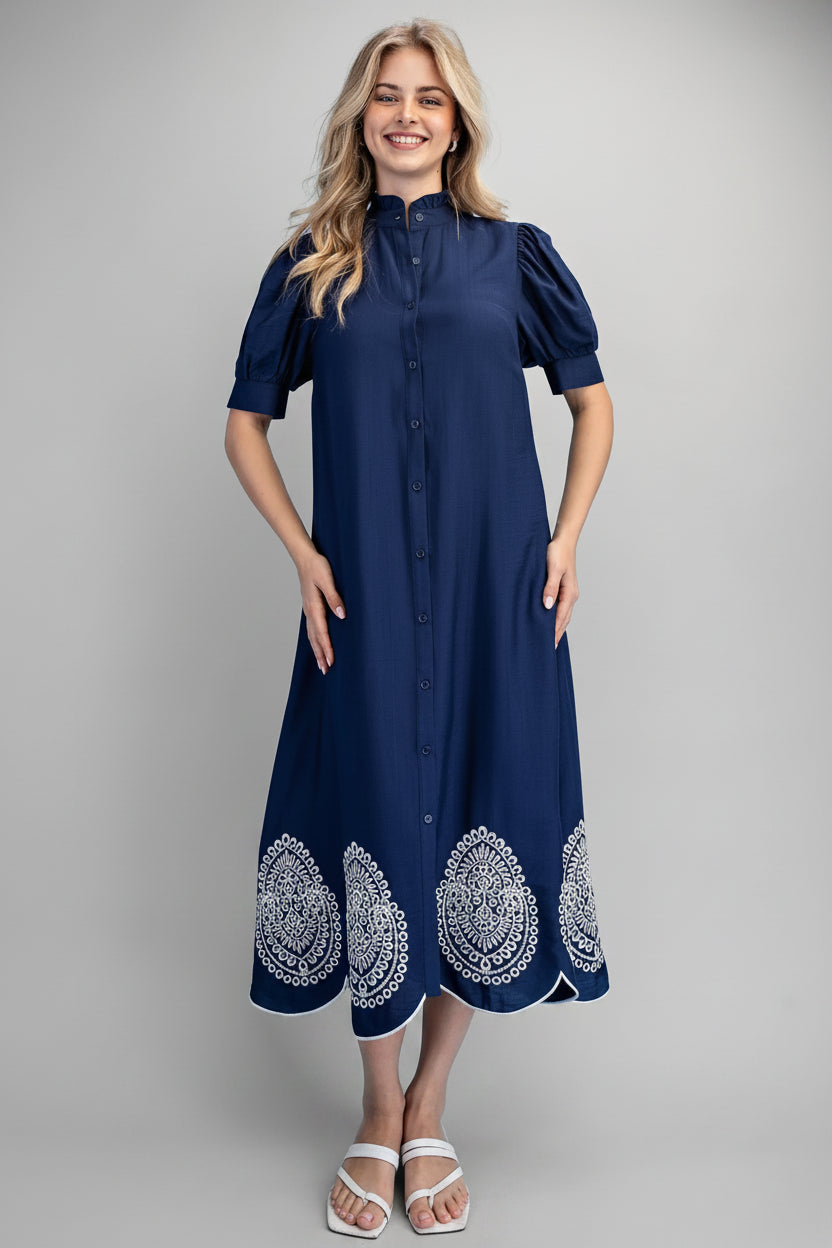 Navy Embroidered Button Front Midi Dress