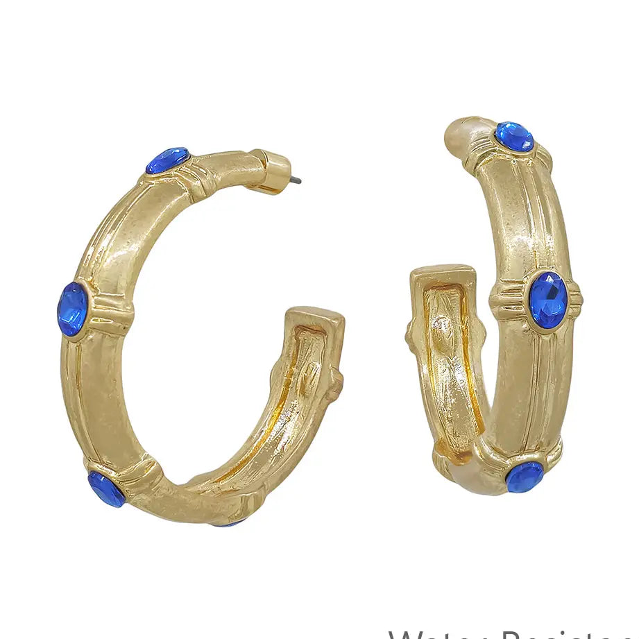 Gold Blue Crystal Statement Hoop Earrings