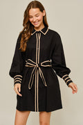 Contrast Trim Tie-Waist Shirt Dress