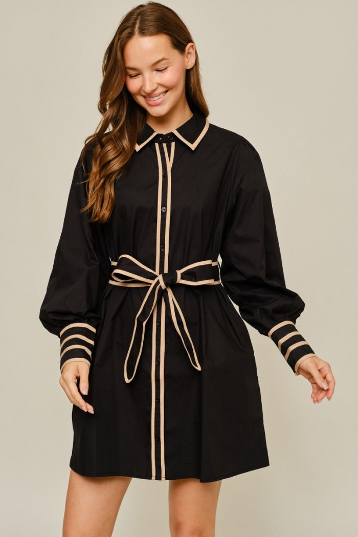 Contrast Trim Tie-Waist Shirt Dress