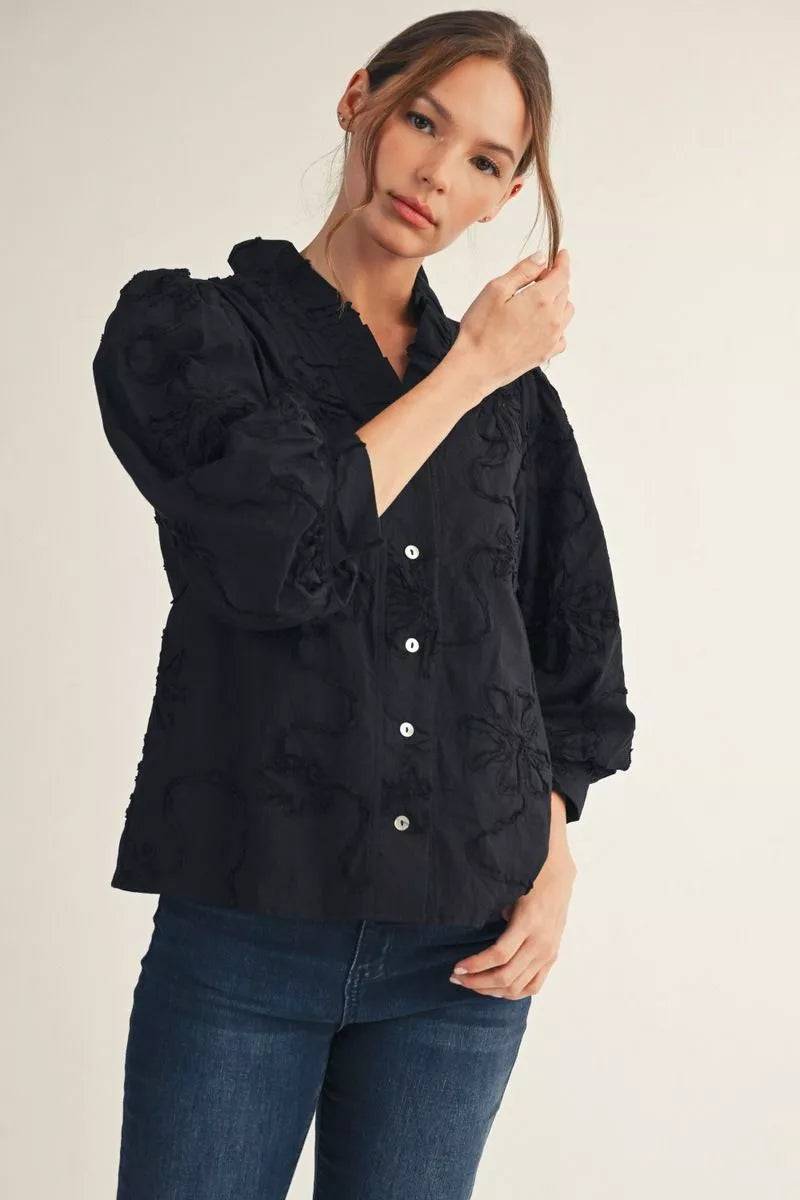 Floral Textured Button-Up Blouse