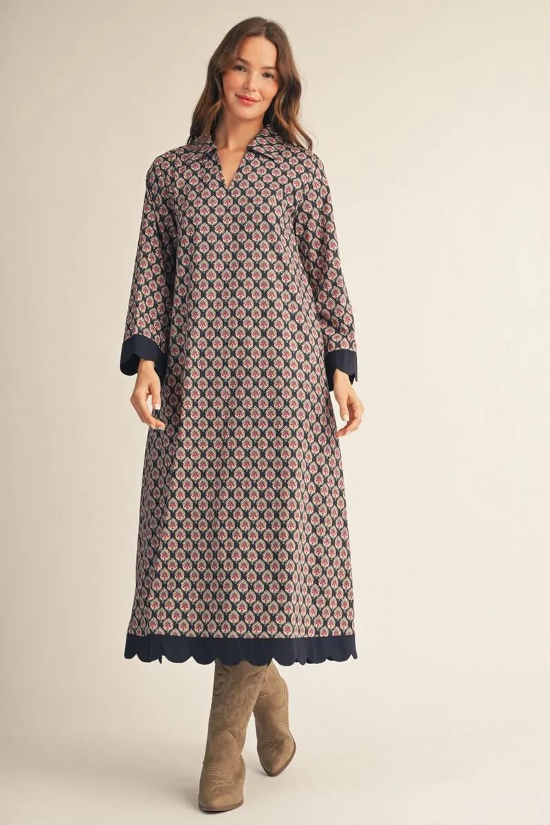 Evergreen Floral Scallop Trim Midi Dress