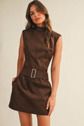 Espresso Faux Suede Belted Mini Dress