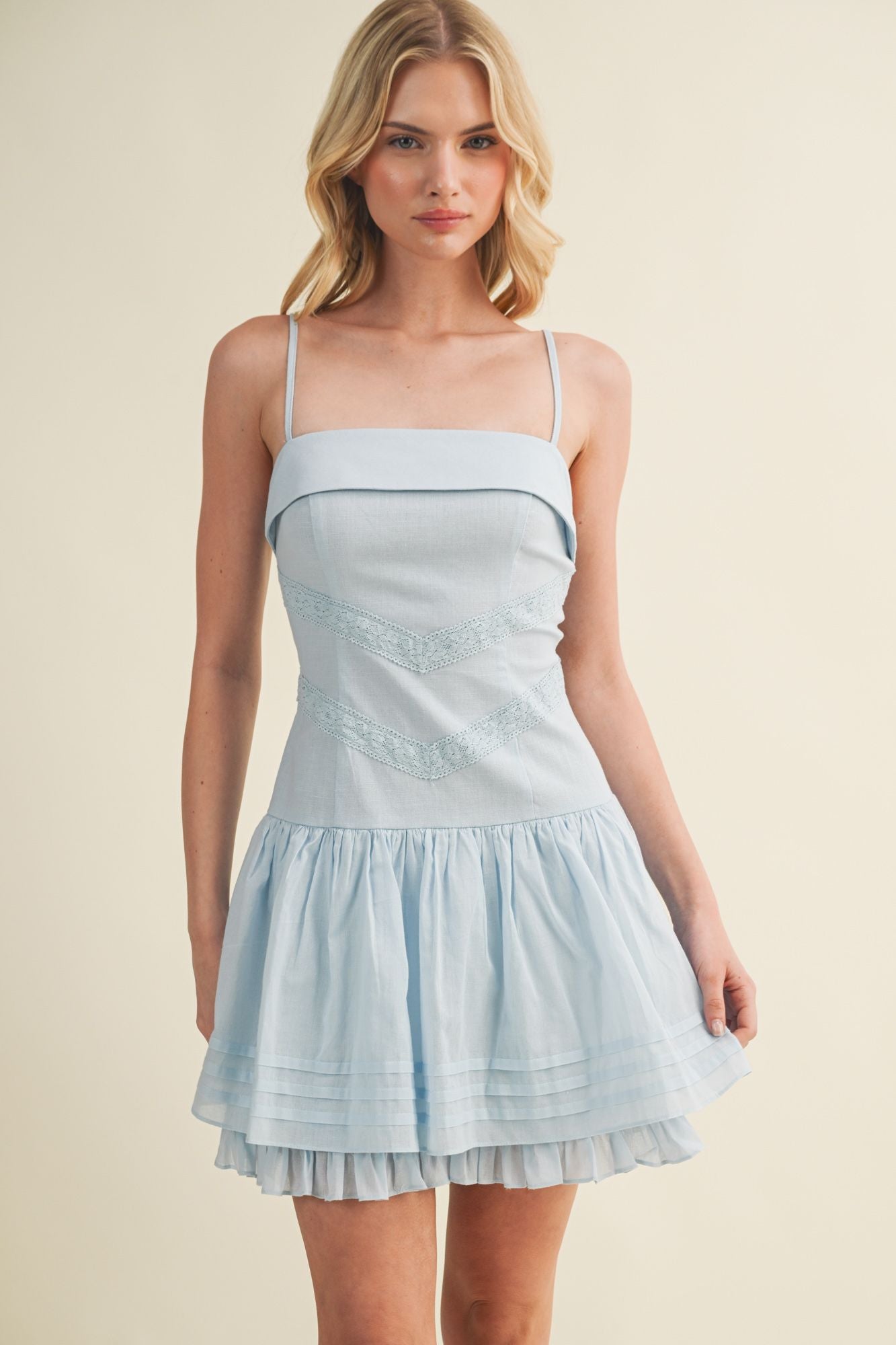 Powder Blue Lace Trim Mini Dress