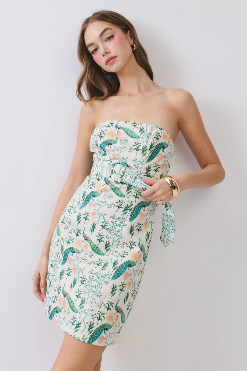 Peacock Garden Strapless Mini Dress