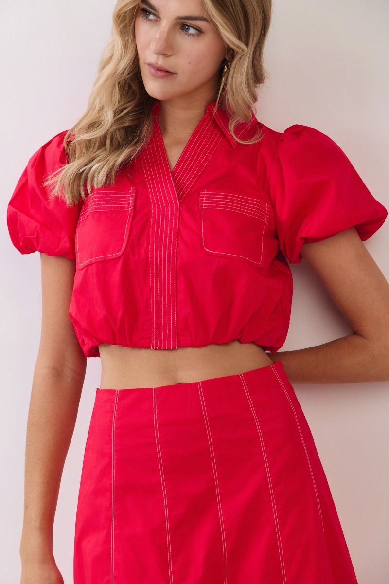 Cherry Puff Sleeve Crop Top