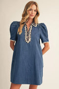 Blue Denim Leopard Collar Dress