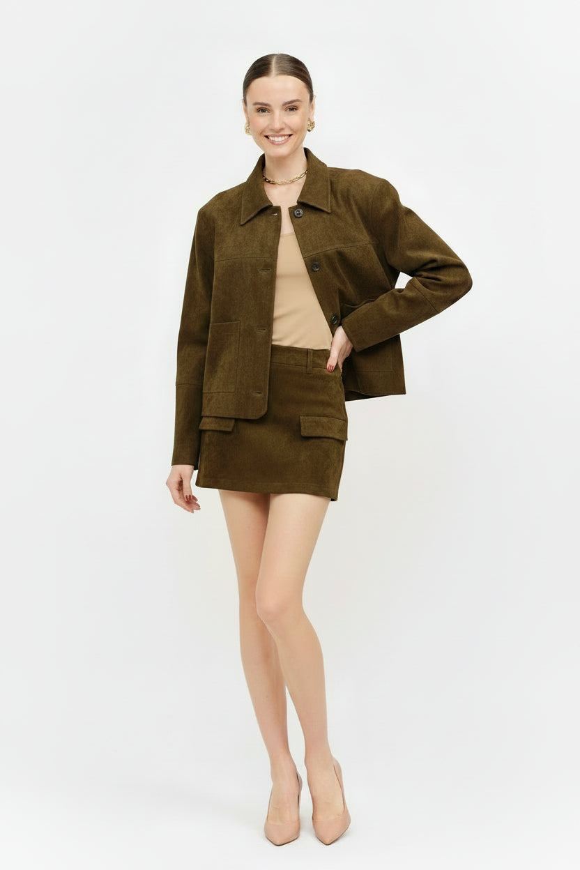 Olive Faux Suede Button Jacket